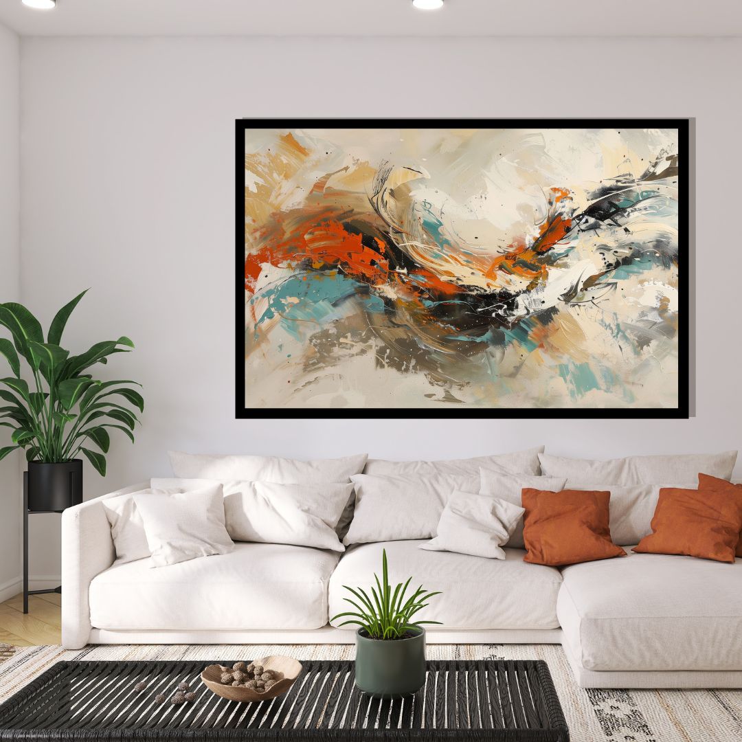 Pulsepoint – abstract expressionist painting with sweeping motion, layered textures, and bold orange accents on a neutral background, available on ArtixHub