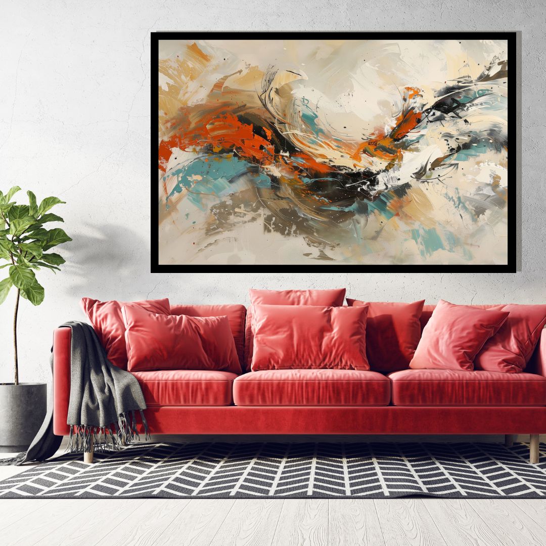 Pulsepoint – abstract expressionist painting with sweeping motion, layered textures, and bold orange accents on a neutral background, available on ArtixHub