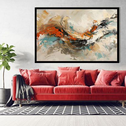 Pulsepoint – abstract expressionist painting with sweeping motion, layered textures, and bold orange accents on a neutral background, available on ArtixHub