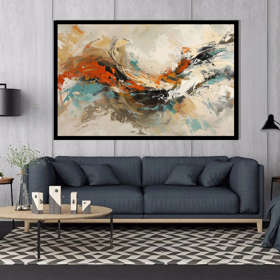 Pulsepoint – abstract expressionist painting with sweeping motion, layered textures, and bold orange accents on a neutral background, available on ArtixHub