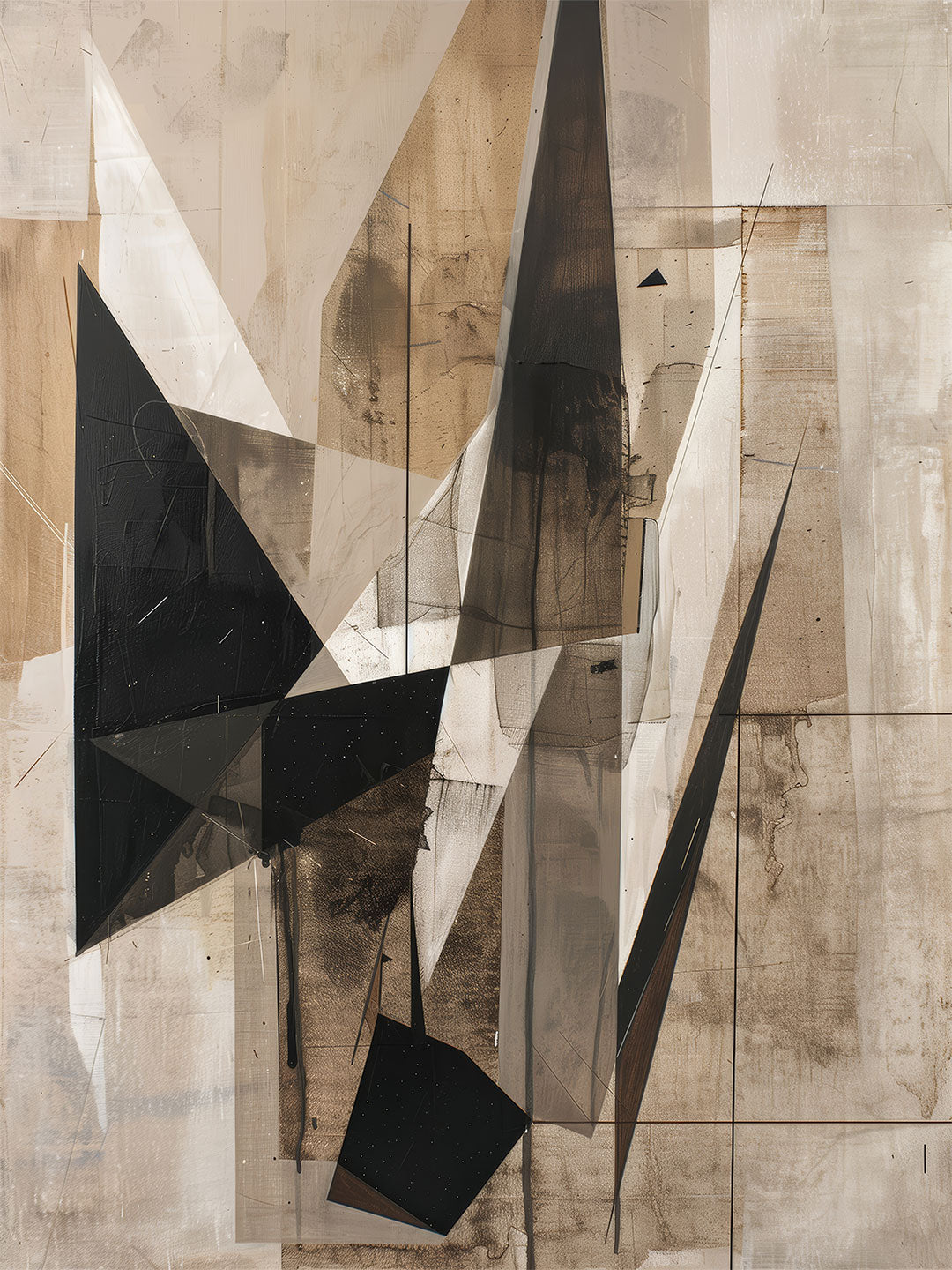 Raw Mass – geometric abstract painting featuring sharp black and brown triangular shards over a textured beige and grey background, available on ArtixHub