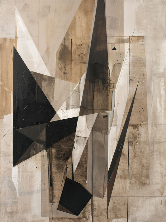 Raw Mass – geometric abstract painting featuring sharp black and brown triangular shards over a textured beige and grey background, available on ArtixHub