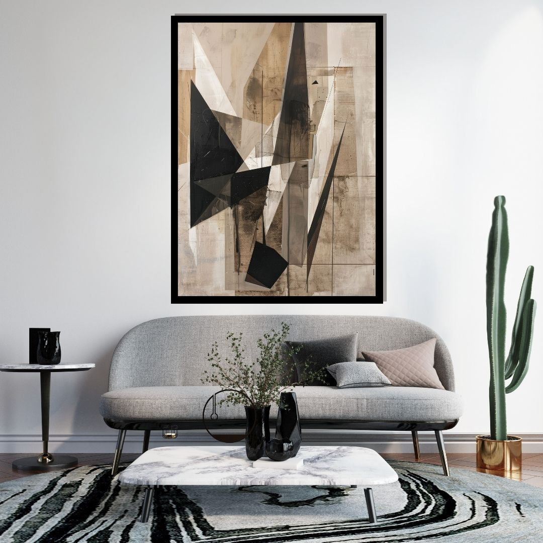 Raw Mass – geometric abstract painting featuring sharp black and brown triangular shards over a textured beige and grey background, available on ArtixHub