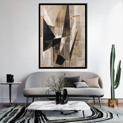 Raw Mass – geometric abstract painting featuring sharp black and brown triangular shards over a textured beige and grey background, available on ArtixHub