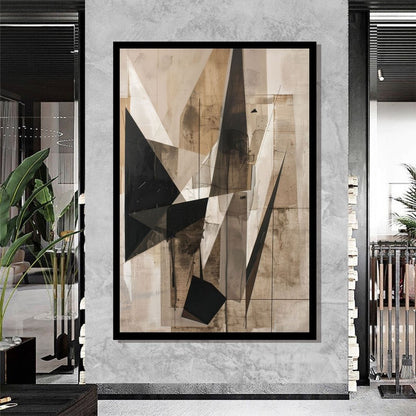 Raw Mass – geometric abstract painting featuring sharp black and brown triangular shards over a textured beige and grey background, available on ArtixHub