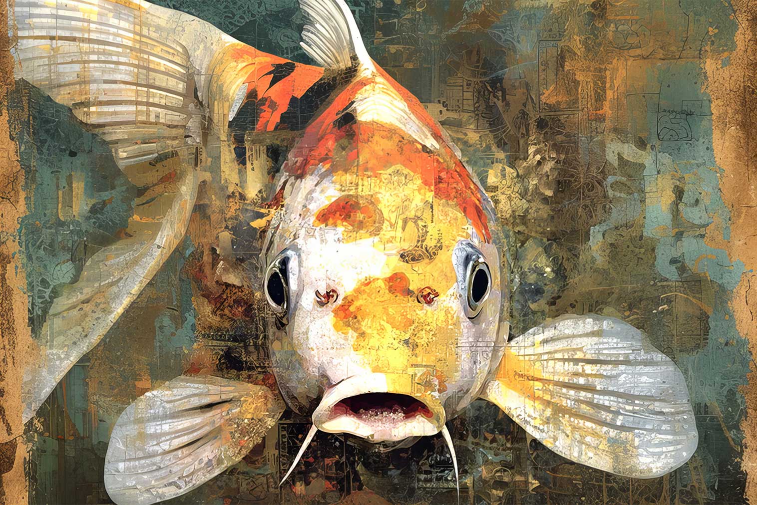 Rebel Koi – abstract surreal painting of a koi fish with layered textures and expressive detail, available on ArtixHub