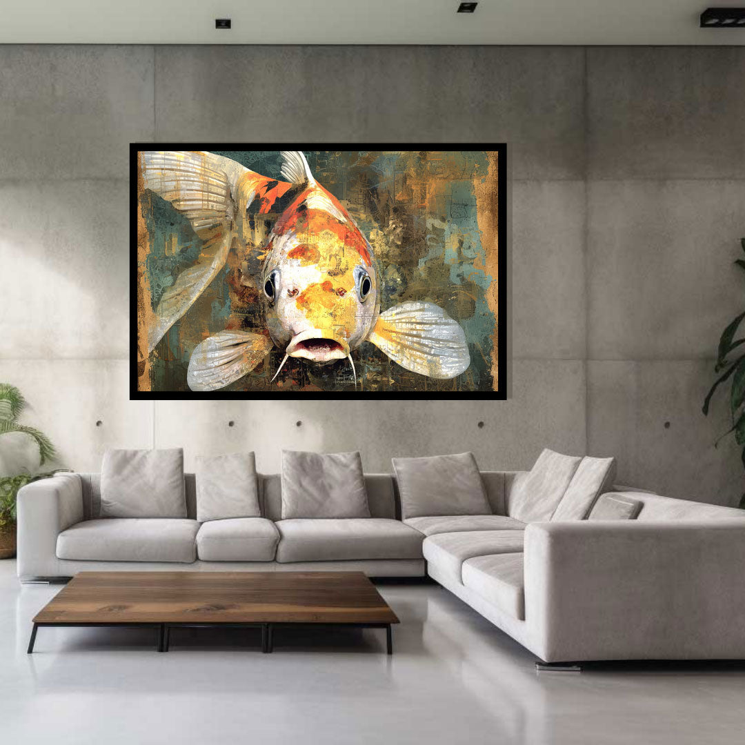 Rebel Koi – abstract surreal painting of a koi fish with layered textures and expressive detail, available on ArtixHub