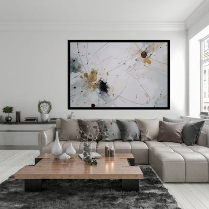 Residual Force – abstract minimalist painting with gold splashes and black expressive lines on white background, available on ArtixHub