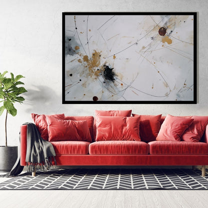 Residual Force – abstract minimalist painting with gold splashes and black expressive lines on white background, available on ArtixHub