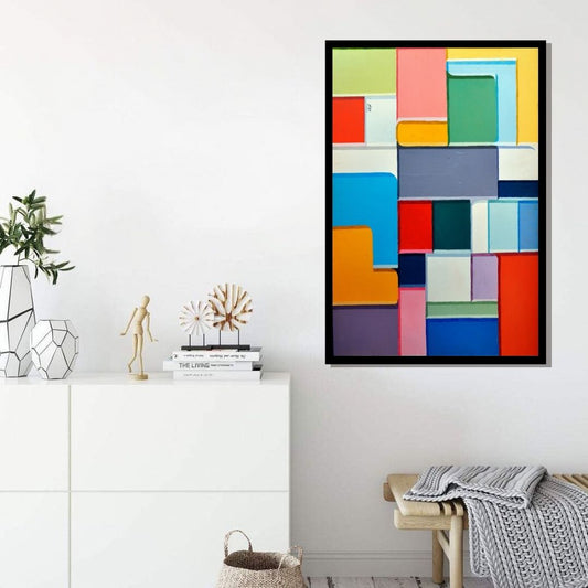 Abstract art piece with colorful geometric shapes. Rhythm – colorful geometric abstract painting with interlocking rectangular forms in red, blue, green, and yellow by Professor Ibrahim Al Awam, ArtixHub