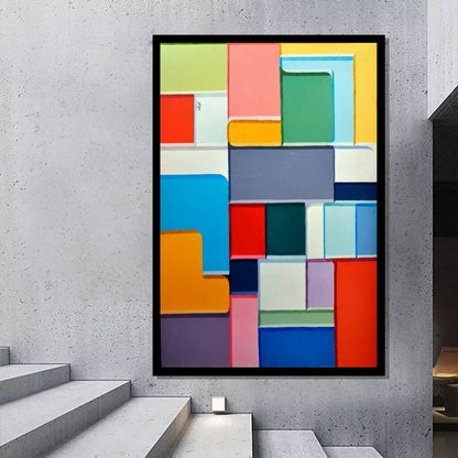 Abstract art piece with colorful geometric shapes. Rhythm – colorful geometric abstract painting with interlocking rectangular forms in red, blue, green, and yellow by Professor Ibrahim Al Awam, ArtixHub