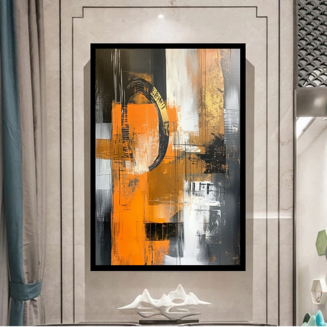 Ritual in Rust by ArtixHub – abstract painting with burnt orange, black, gold, and white industrial textures and circular form