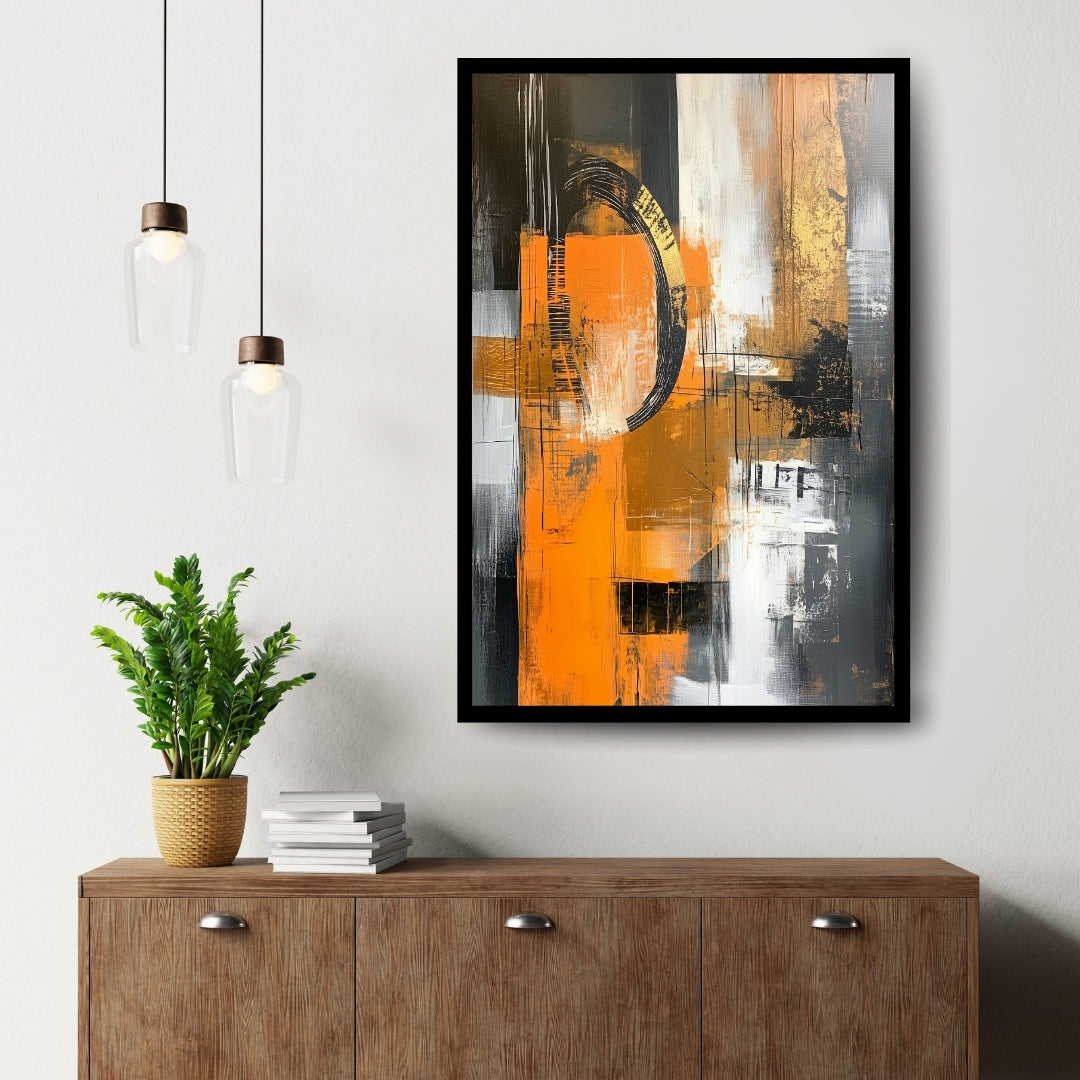Ritual in Rust by ArtixHub – abstract painting with burnt orange, black, gold, and white industrial textures and circular form