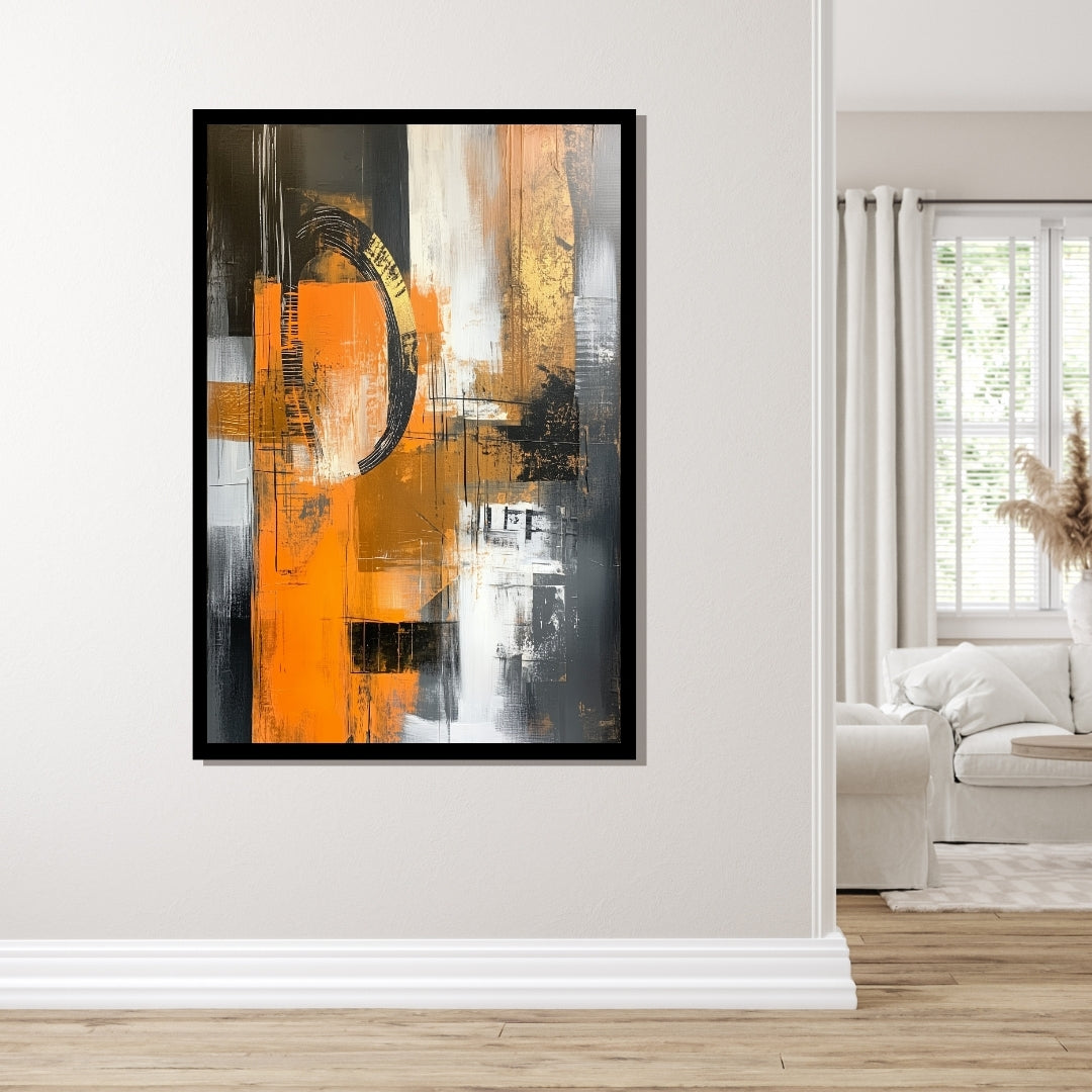Ritual in Rust by ArtixHub – abstract painting with burnt orange, black, gold, and white industrial textures and circular form