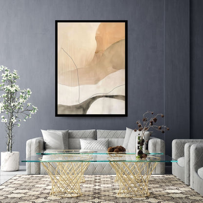 Sahara – abstract minimalist painting with flowing organic shapes in beige, tan, and cream accented by thin black contoured lines, available on ArtixHub