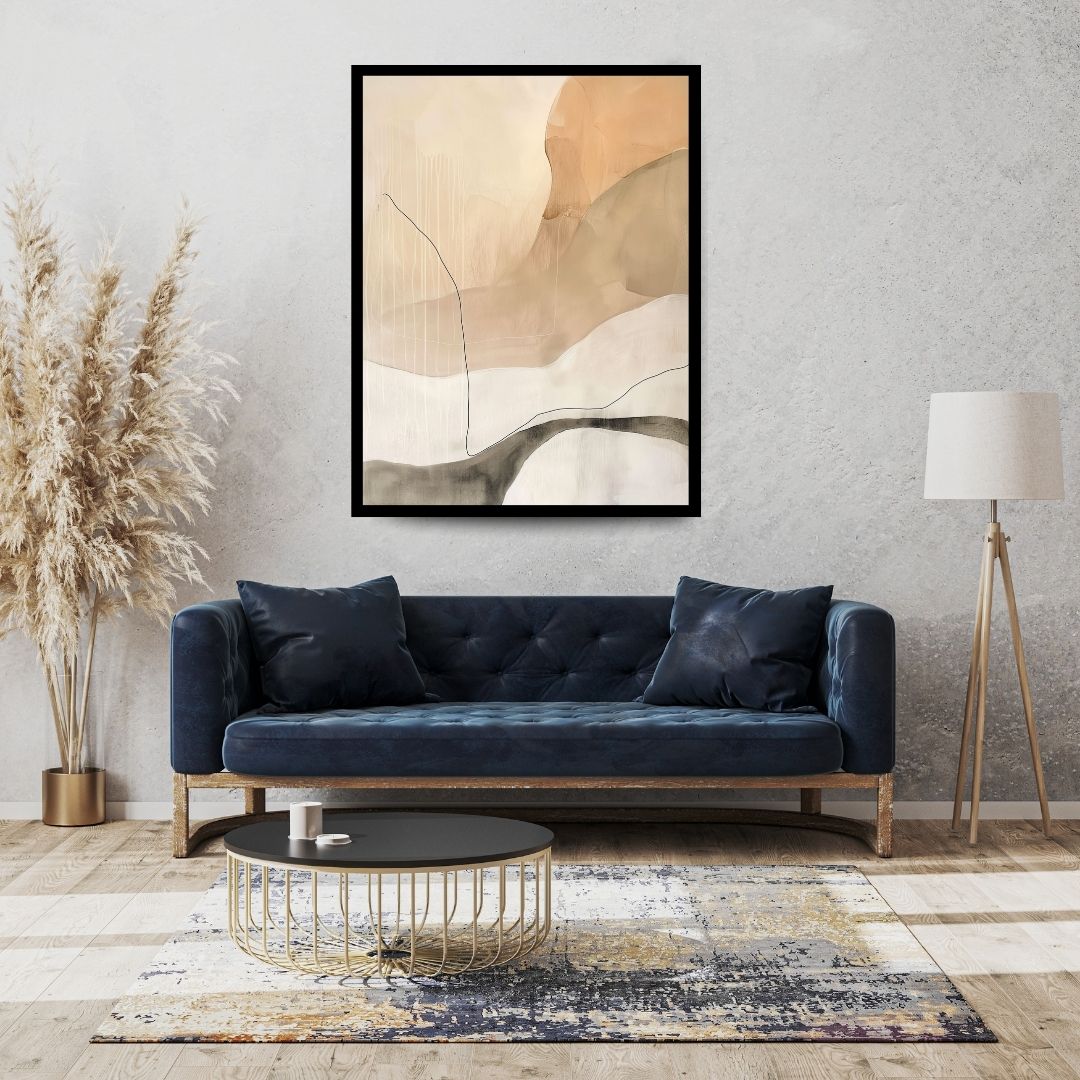 Sahara – abstract minimalist painting with flowing organic shapes in beige, tan, and cream accented by thin black contoured lines, available on ArtixHub