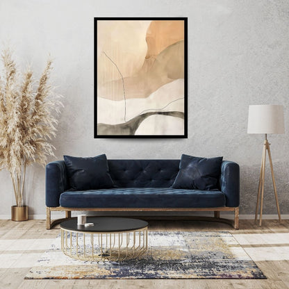 Sahara – abstract minimalist painting with flowing organic shapes in beige, tan, and cream accented by thin black contoured lines, available on ArtixHub