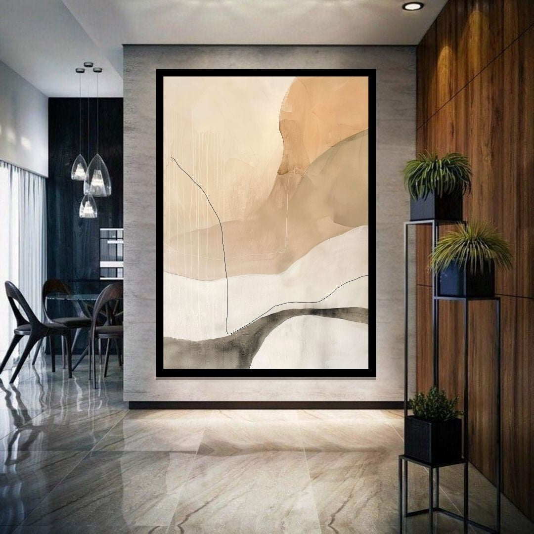 Sahara – abstract minimalist painting with flowing organic shapes in beige, tan, and cream accented by thin black contoured lines, available on ArtixHub