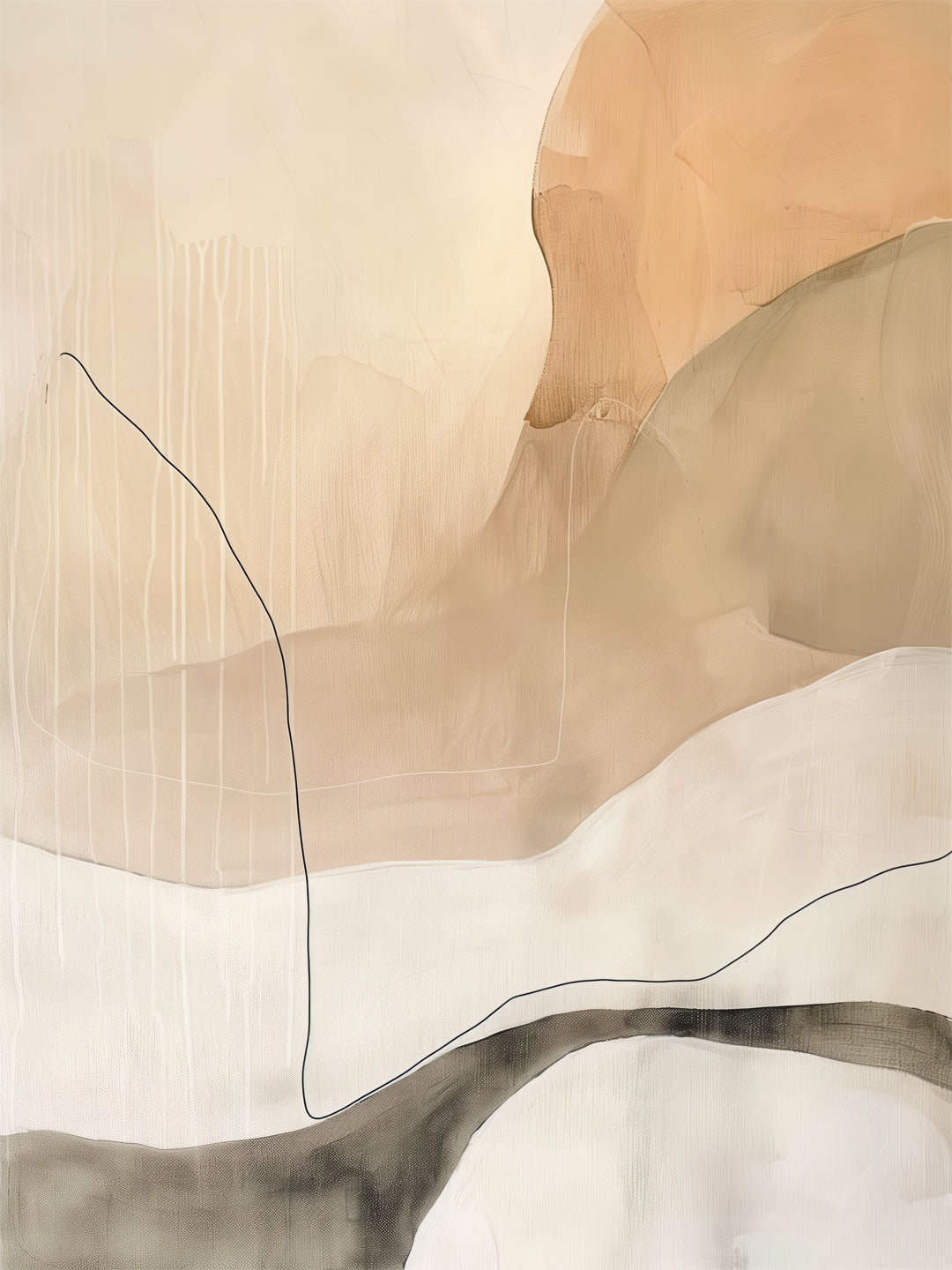 Sahara – abstract minimalist painting with flowing organic shapes in beige, tan, and cream accented by thin black contoured lines, available on ArtixHub