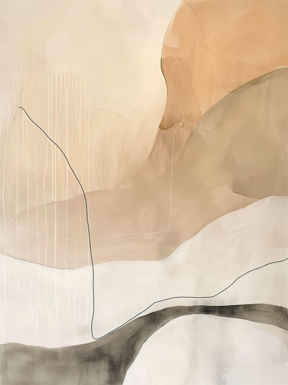 Sahara – abstract minimalist painting with flowing organic shapes in beige, tan, and cream accented by thin black contoured lines, available on ArtixHub