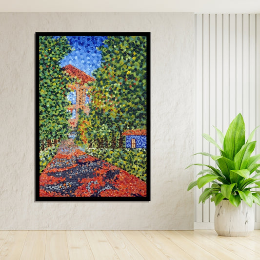 Pointillist painting of a landscape with trees and buildings. Saoufar – colorful pointillism landscape painting of a Lebanese village scene by Mira Ayyash
