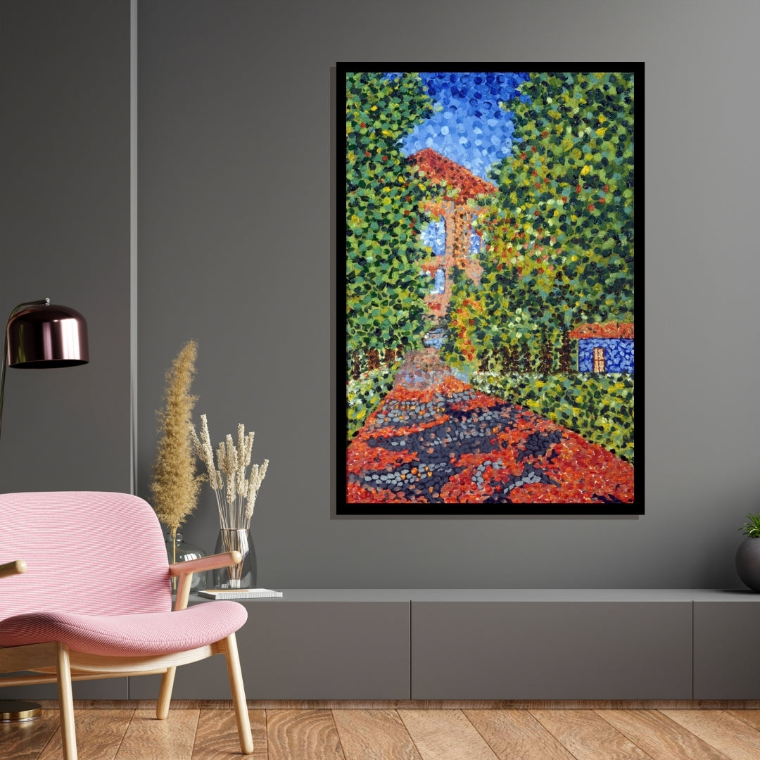 Pointillist painting of a landscape with trees and buildings. Saoufar – colorful pointillism landscape painting of a Lebanese village scene by Mira Ayyash