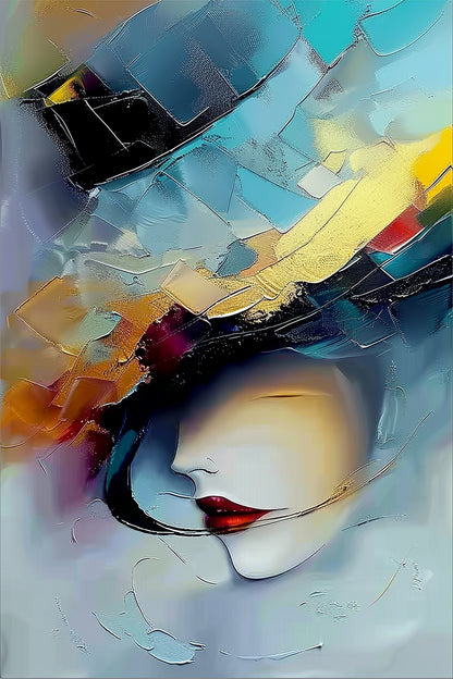 Shards of Her abstract painting – fragmented female face with vivid colors, red lips, and geometric strokes from ArtixHub