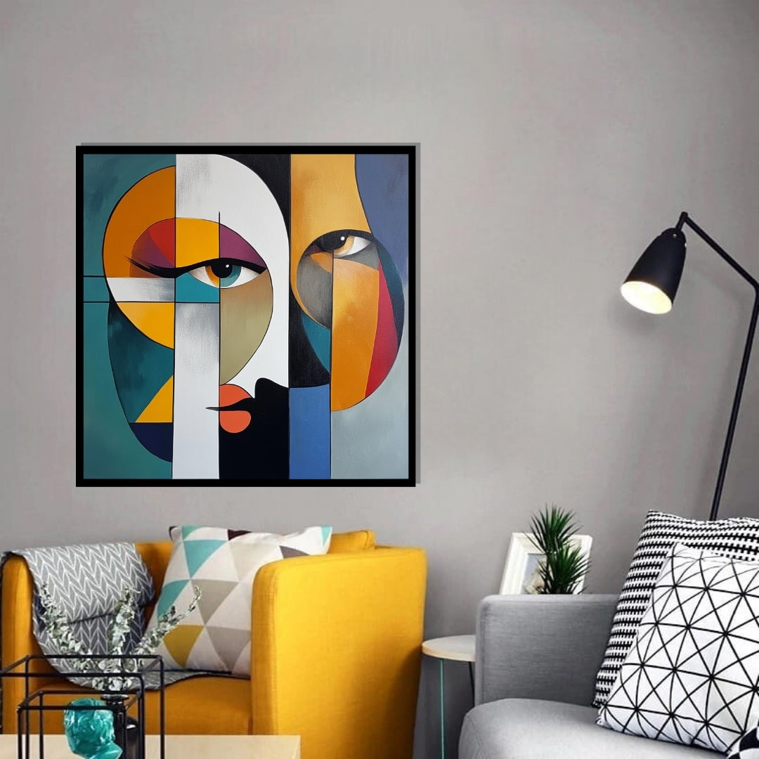 Shards of Perception – abstract geometric portrait with vivid colors and stylized faces, available on ArtixHub