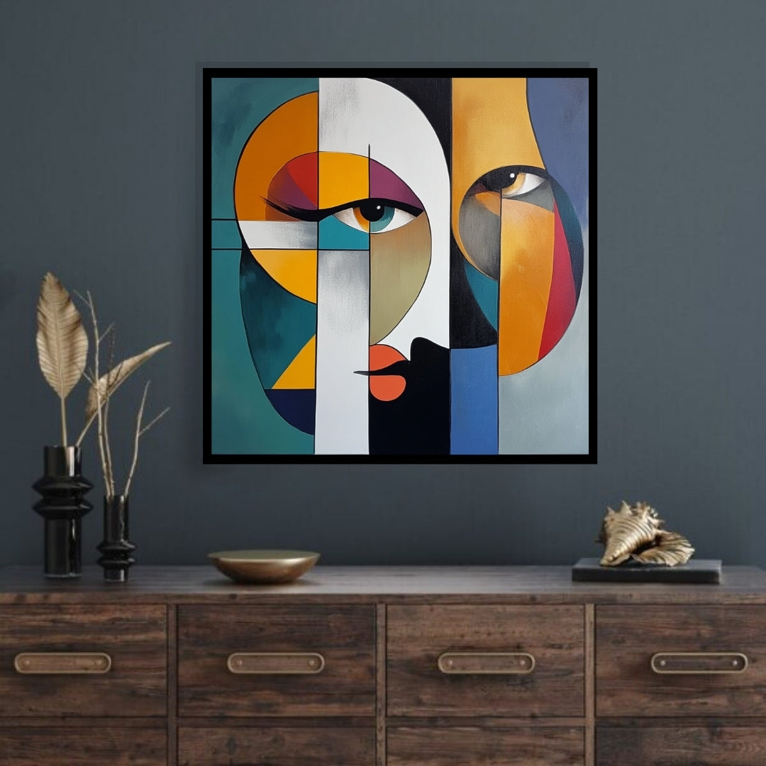 Shards of Perception – abstract geometric portrait with vivid colors and stylized faces, available on ArtixHub