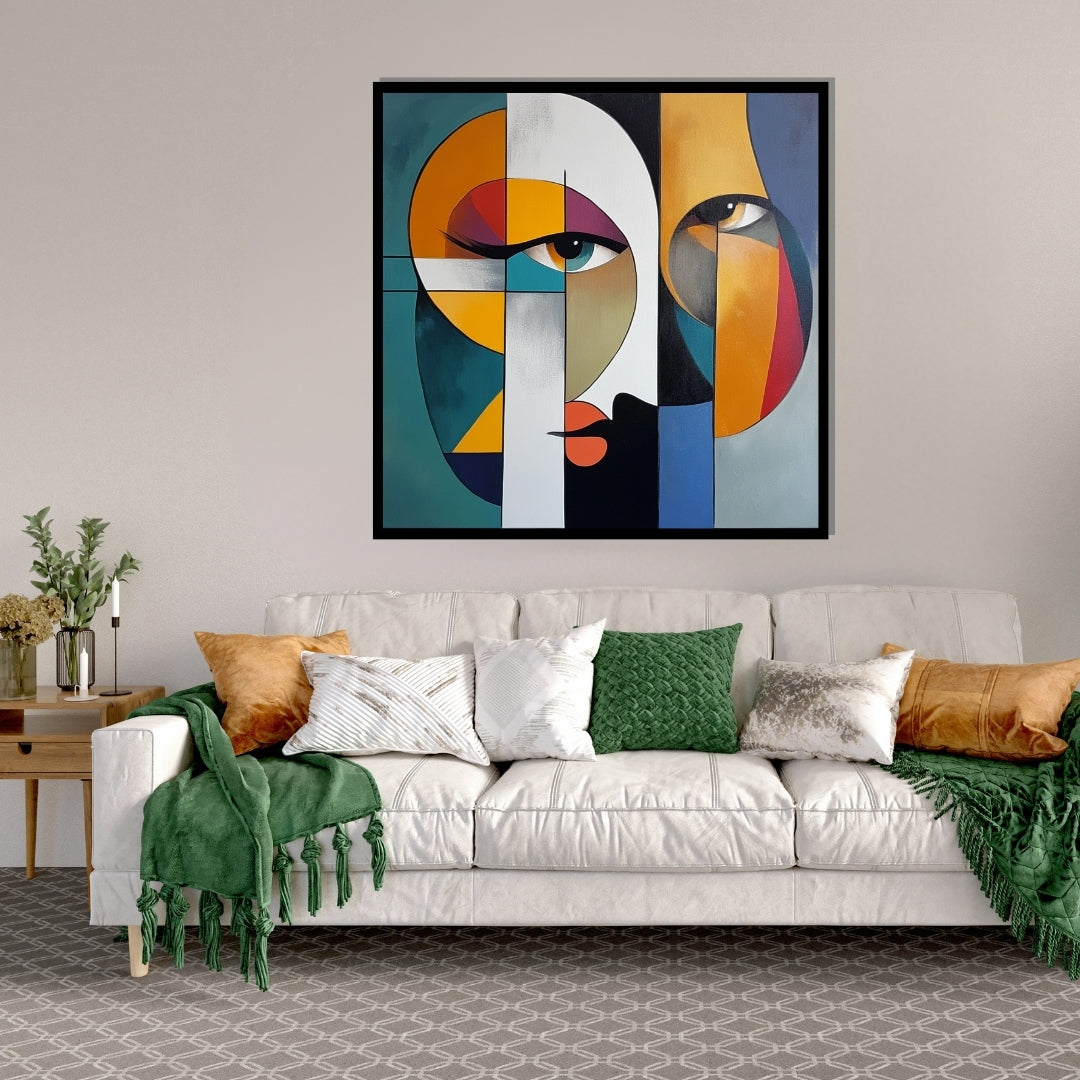 Shards of Perception – abstract geometric portrait with vivid colors and stylized faces, available on ArtixHub