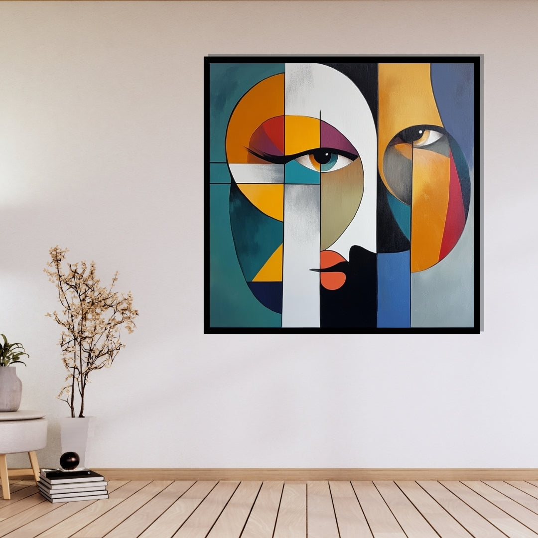 Shards of Perception – abstract geometric portrait with vivid colors and stylized faces, available on ArtixHub