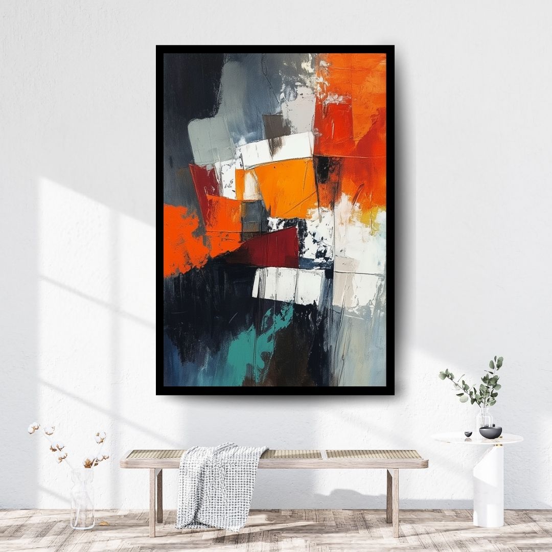 Shifting Planes by Lior Ezan – bold geometric abstract artwork with fiery orange, deep black, and crisp white. Available at ArtixHub.