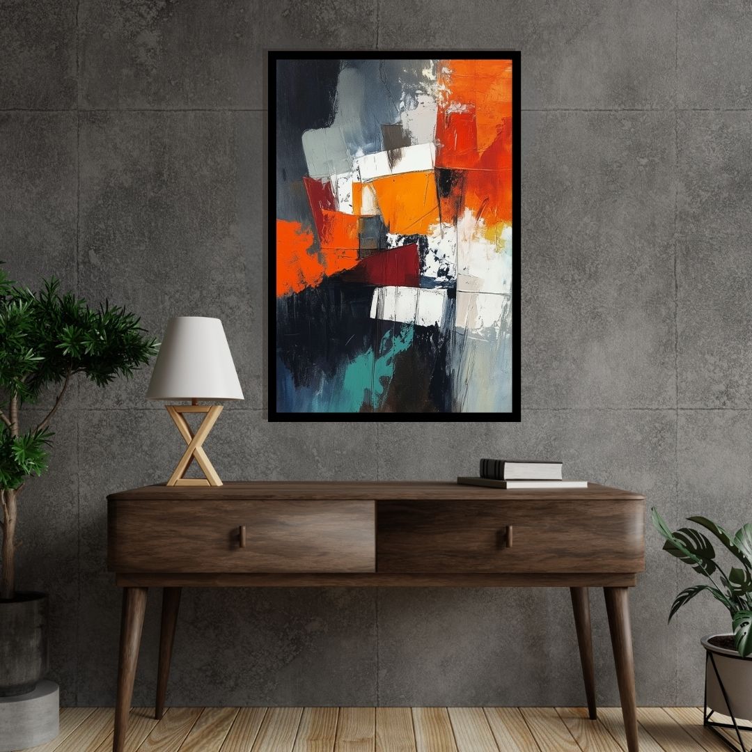 Shifting Planes by Lior Ezan – bold geometric abstract artwork with fiery orange, deep black, and crisp white. Available at ArtixHub.