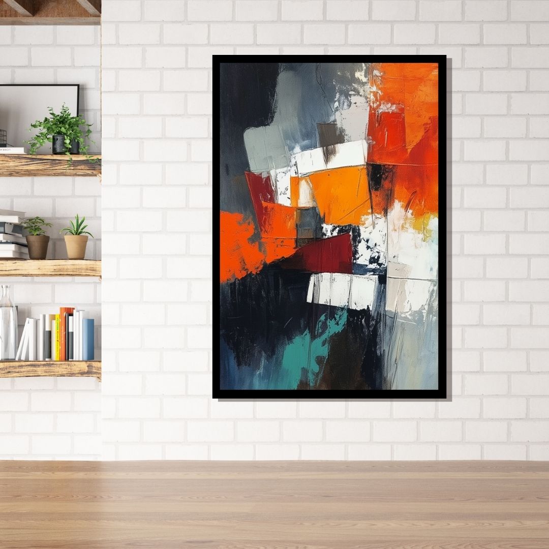 Shifting Planes by Lior Ezan – bold geometric abstract artwork with fiery orange, deep black, and crisp white. Available at ArtixHub.