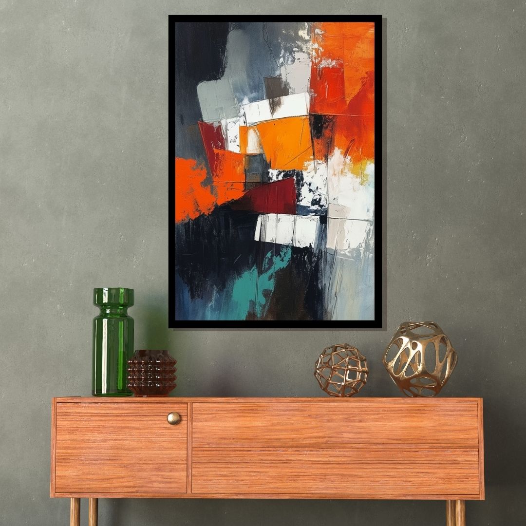 Shifting Planes by Lior Ezan – bold geometric abstract artwork with fiery orange, deep black, and crisp white. Available at ArtixHub.
