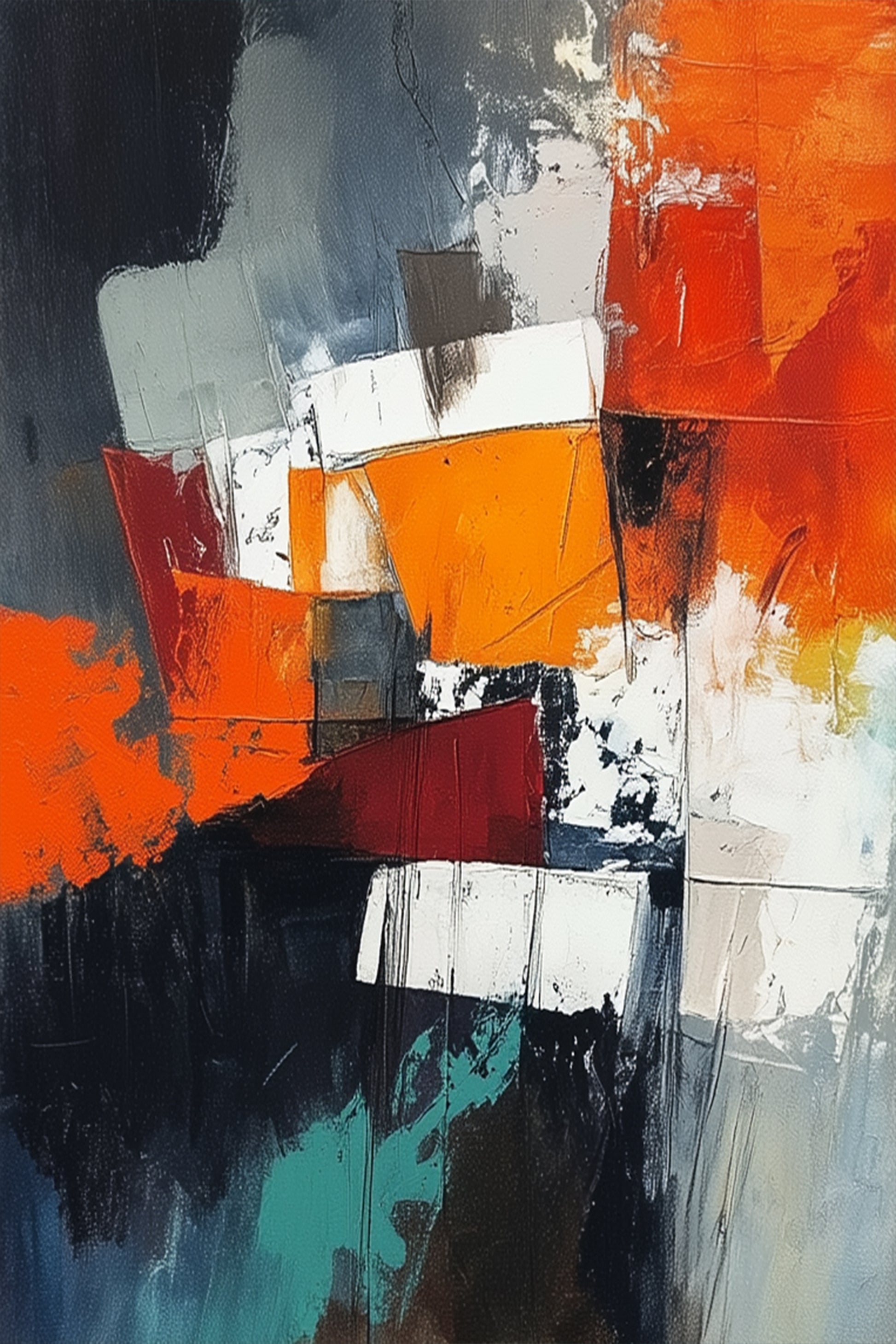 Shifting Planes by Lior Ezan – bold geometric abstract artwork with fiery orange, deep black, and crisp white. Available at ArtixHub.