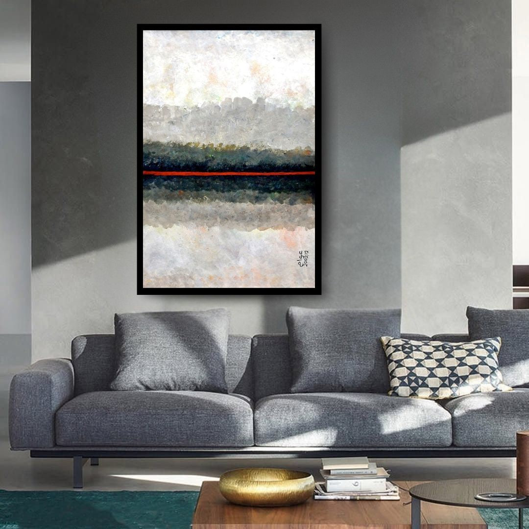 صمت الأفق (Silence of Horizon) – abstract minimalist painting with layered horizontal textures and a single red line, by Ibrahim Al Awam