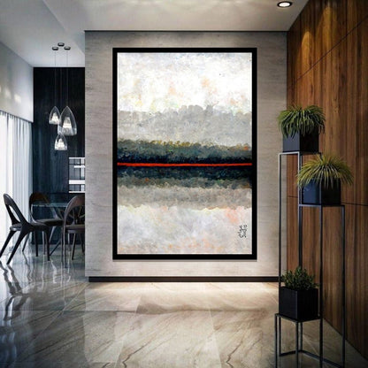 صمت الأفق (Silence of Horizon) – abstract minimalist painting with layered horizontal textures and a single red line, by Ibrahim Al Awam