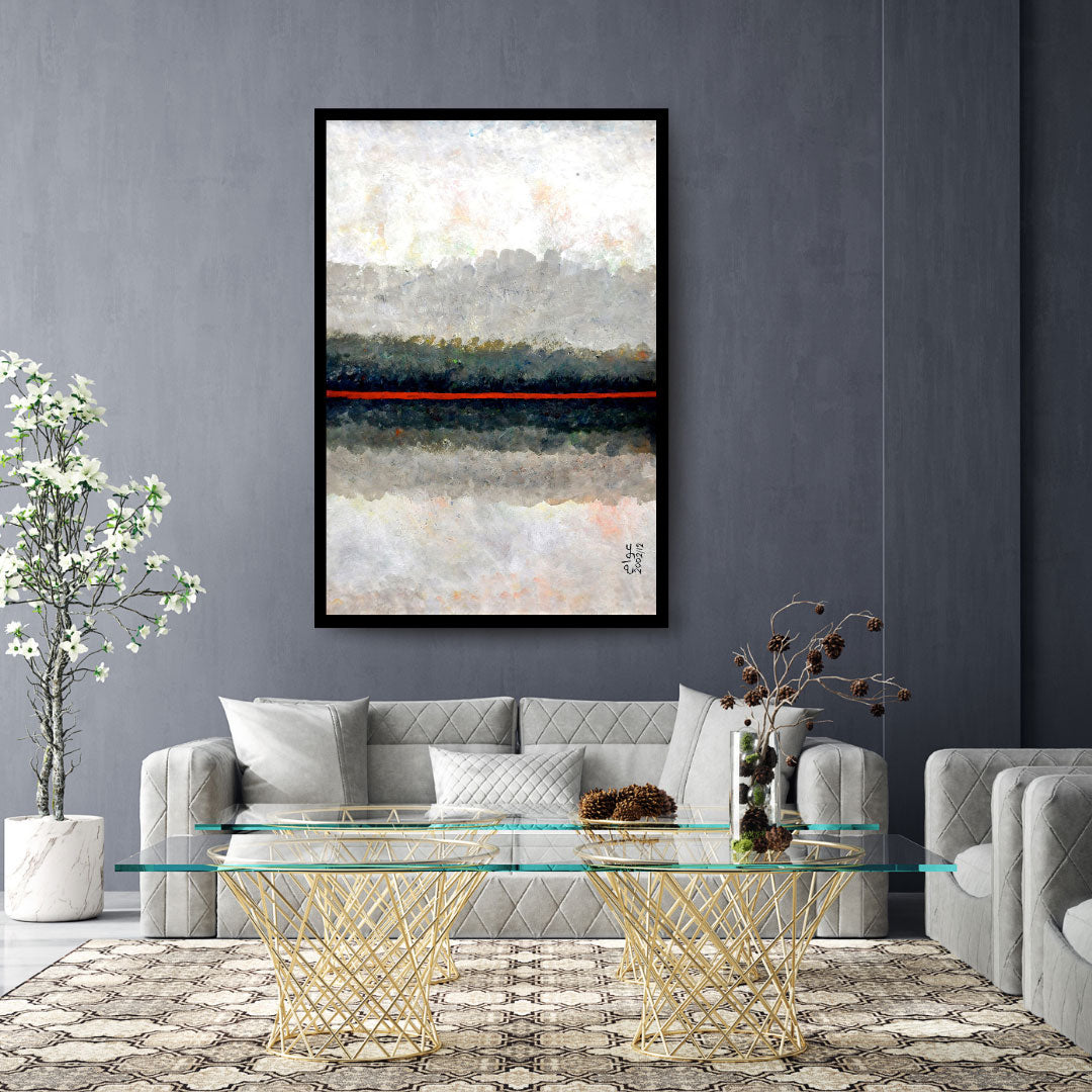 صمت الأفق (Silence of Horizon) – abstract minimalist painting with layered horizontal textures and a single red line, by Ibrahim Al Awam