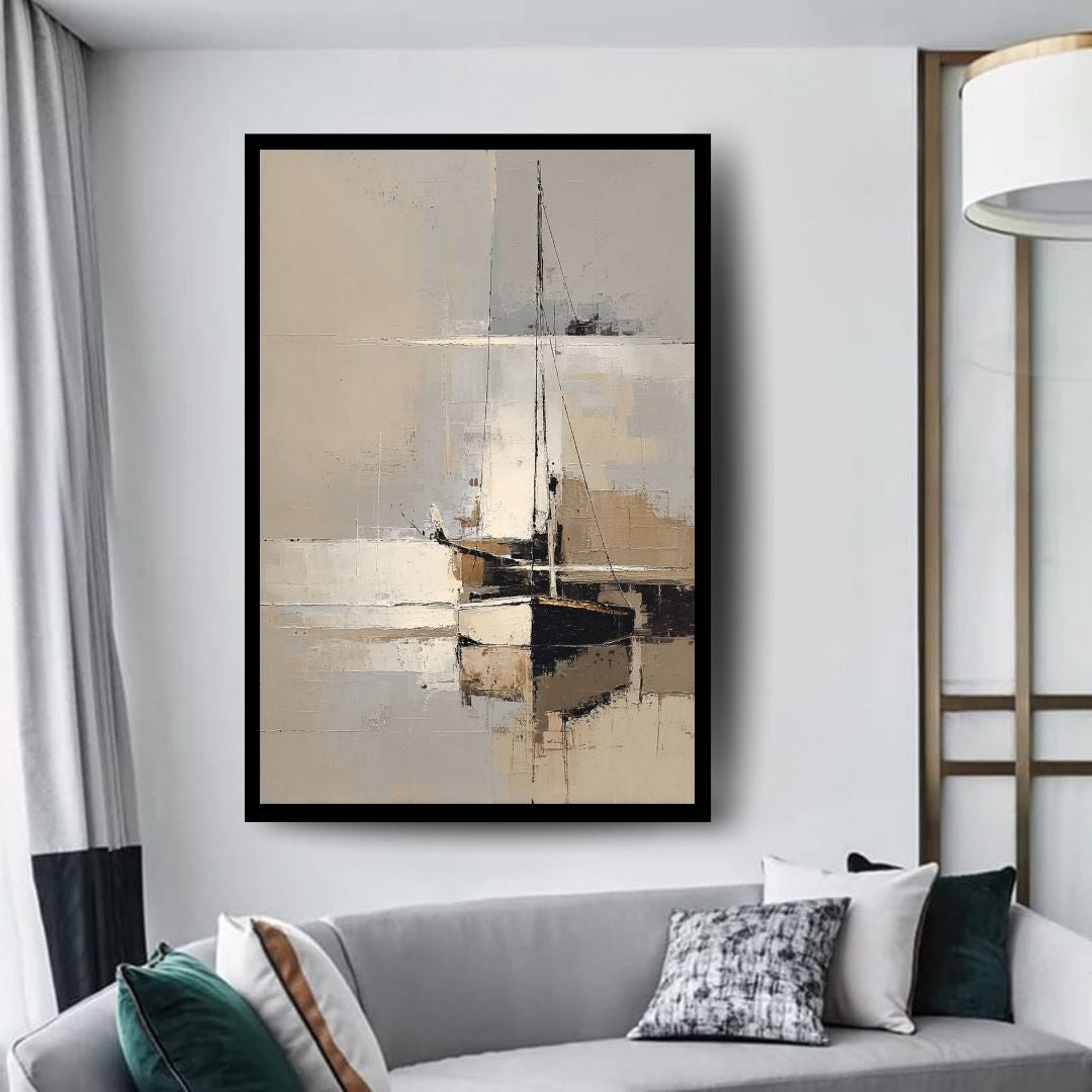Silent Moor – minimalist coastal painting of a sailboat reflected on calm neutral waters, available on ArtixHub