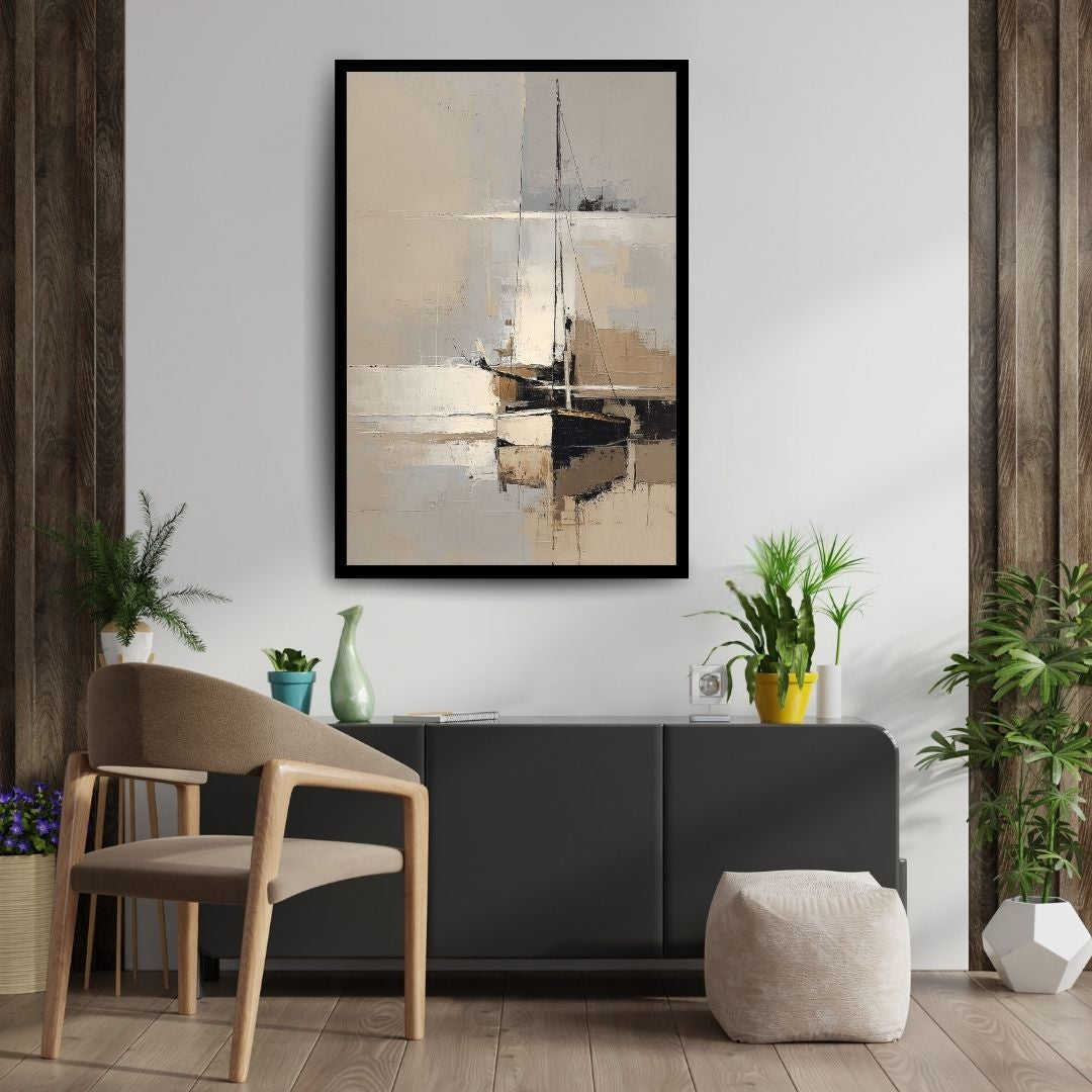 Silent Moor – minimalist coastal painting of a sailboat reflected on calm neutral waters, available on ArtixHub