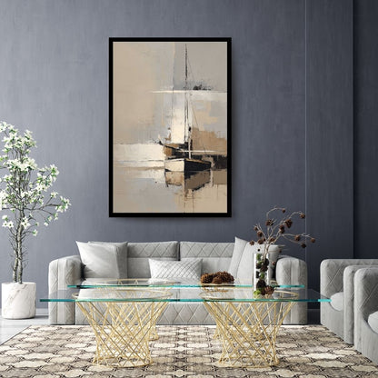 Silent Moor – minimalist coastal painting of a sailboat reflected on calm neutral waters, available on ArtixHub