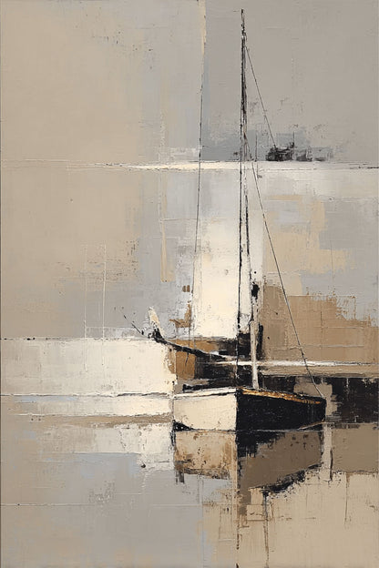 Silent Moor – minimalist coastal painting of a sailboat reflected on calm neutral waters, available on ArtixHub