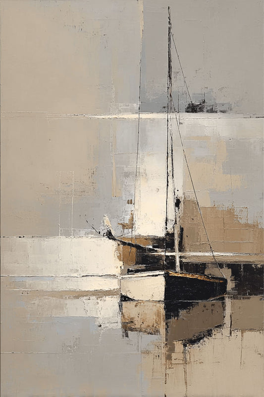 Silent Moor – minimalist coastal painting of a sailboat reflected on calm neutral waters, available on ArtixHub
