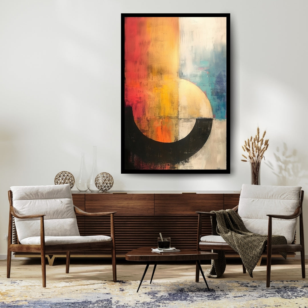 Solar Flare abstract painting – curved black arc with glowing orange, red, teal, and ivory textures, listed on ArtixHub