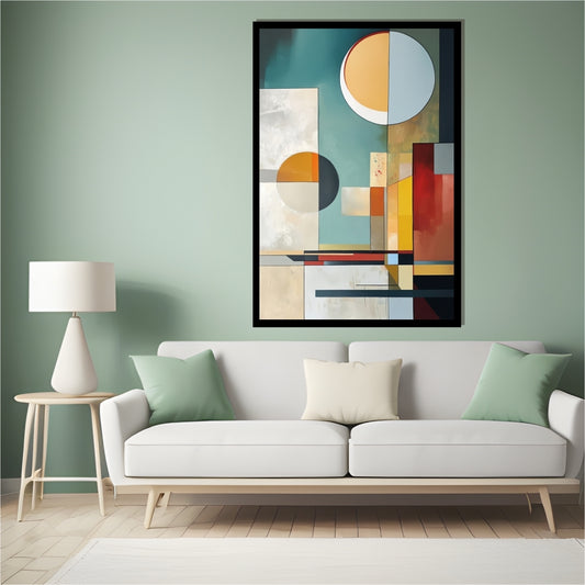 Solar Syntax abstract artwork with circles and geometric color blocks in teal, orange, red, and cream tones from ArtixHub