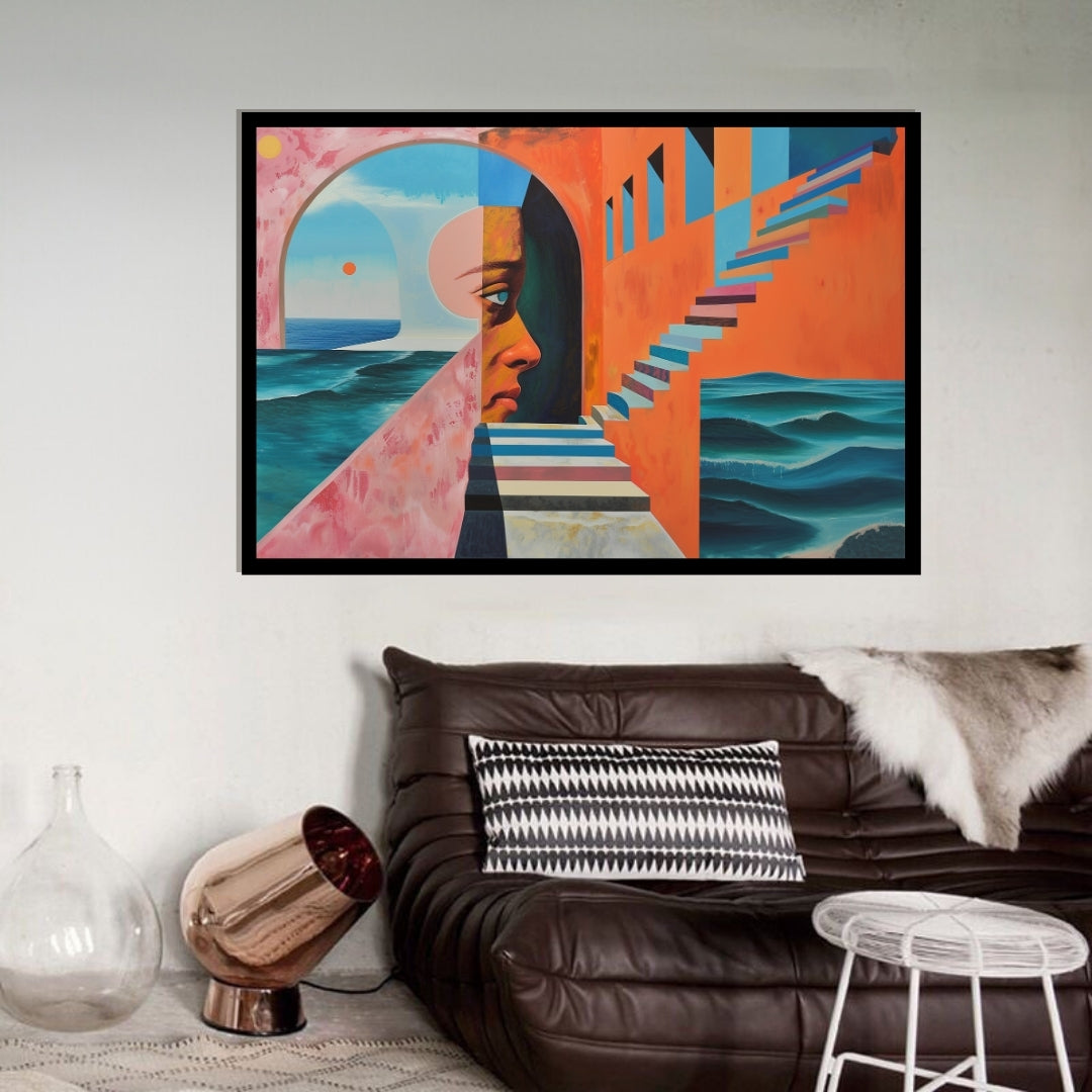 Abstract artwork with geometric shapes and a face-like design. Soulful Strata – surreal figurative artwork showing a human profile within architectural arches and staircases overlooking the sea, by ArtixHub