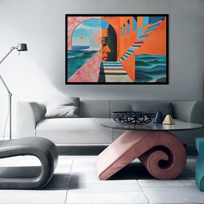 Abstract artwork with geometric shapes and a face-like design. Soulful Strata – surreal figurative artwork showing a human profile within architectural arches and staircases overlooking the sea, by ArtixHub