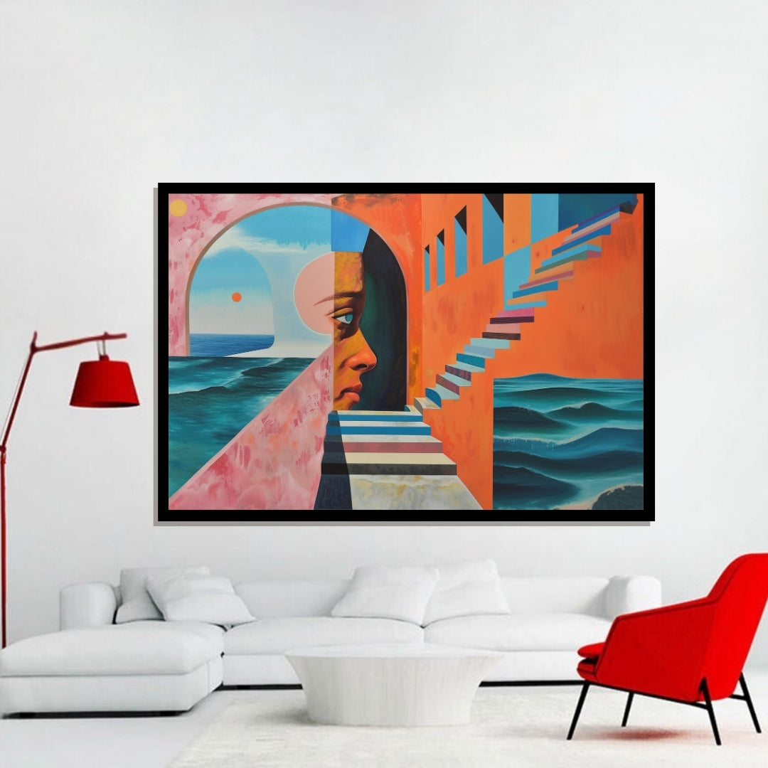 Abstract artwork with geometric shapes and a face-like design. Soulful Strata – surreal figurative artwork showing a human profile within architectural arches and staircases overlooking the sea, by ArtixHub