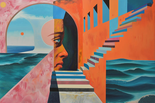 Abstract artwork with geometric shapes and a face-like design. Soulful Strata – surreal figurative artwork showing a human profile within architectural arches and staircases overlooking the sea, by ArtixHub